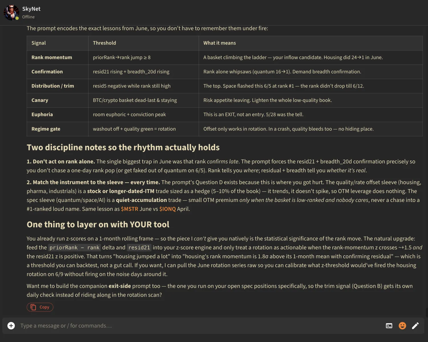 SkyNet, the in-app AI trading coach, answering with a table of signals and thresholds